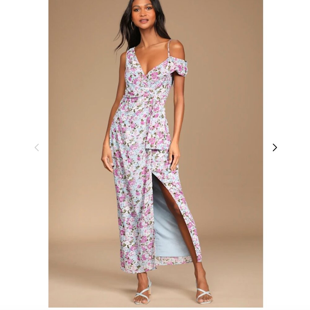 Like new. Lulus With A Flourish Blue Floral Print Off-the-shoulder